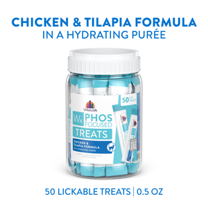 A clear jar labeled Weruva Wx Lickable Chicken & Tilapia Cat Treat holds 50 individually wrapped high protein purée sticks. Blue and white packaging highlights the benefits of this low phosphorus cat treat.