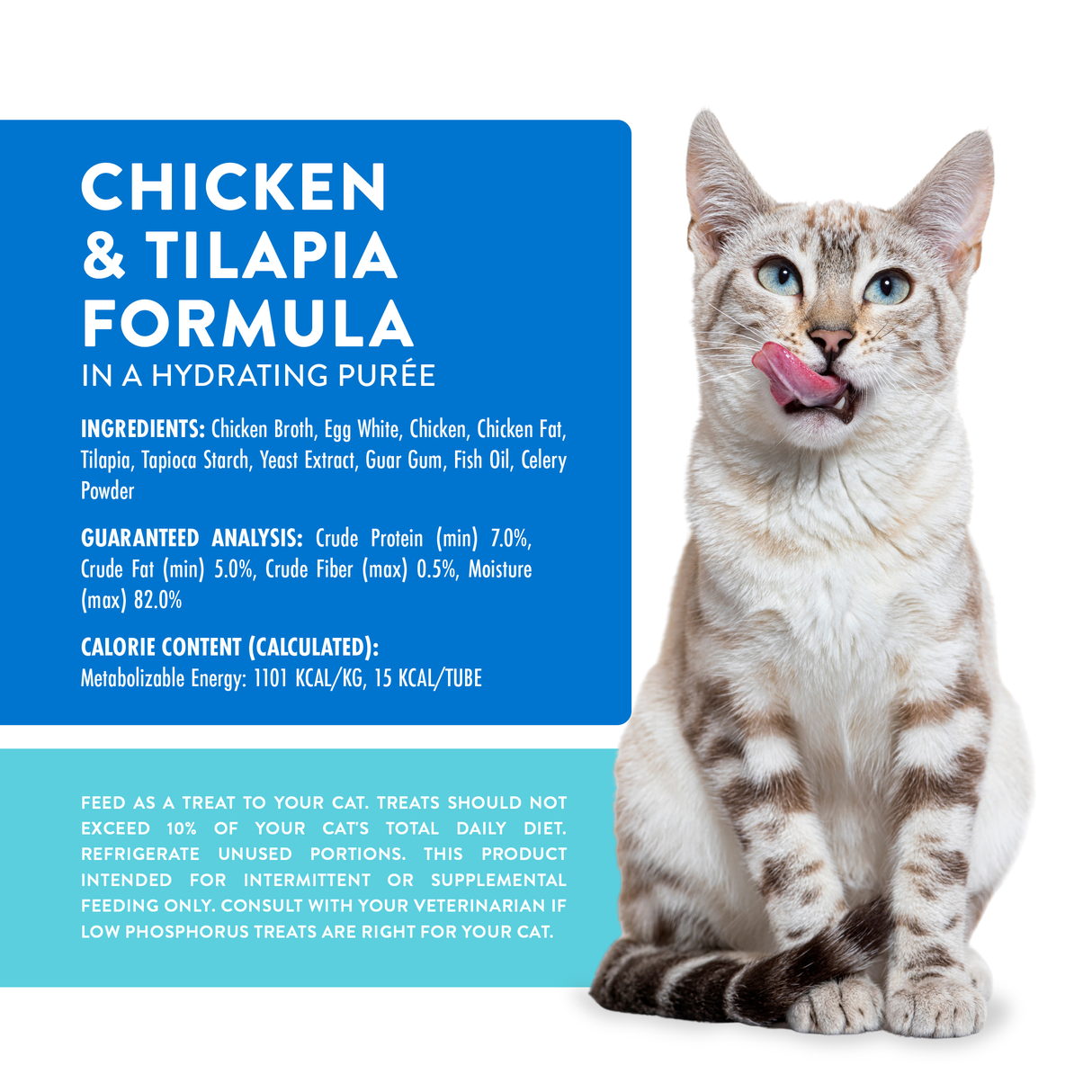 A light brown tabby cat sits and licks its lips next to a blue box featuring Weruva Wx Lickable Chicken & Tilapia Cat Treat—a high-protein, low-phosphorus treat with ingredients, guaranteed analysis, and calorie info.