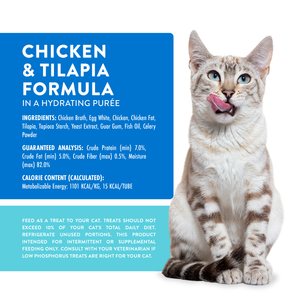 A light brown tabby cat sits and licks its lips next to a blue box featuring Weruva Wx Lickable Chicken & Tilapia Cat Treat—a high-protein, low-phosphorus treat with ingredients, guaranteed analysis, and calorie info.