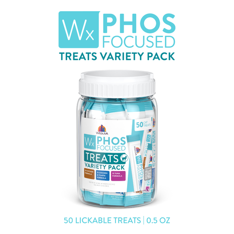A clear plastic jar labeled Weruva Wx Phos Focused Lickable Cat Treat Variety Pack by Weruva Wx contains 50 individually wrapped 0.5 oz cat treats. The blue and white label highlights product features.
