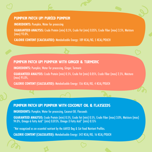 Weruva's Cappy's Pumpkin Patch Up Variety Pack features three colorful labels with ingredient and nutrition info for pouches: Puréed Pumpkin, Pumpkin with Ginger & Turmeric, and Pumpkin with Coconut Oil & Flaxseeds—great for digestion.