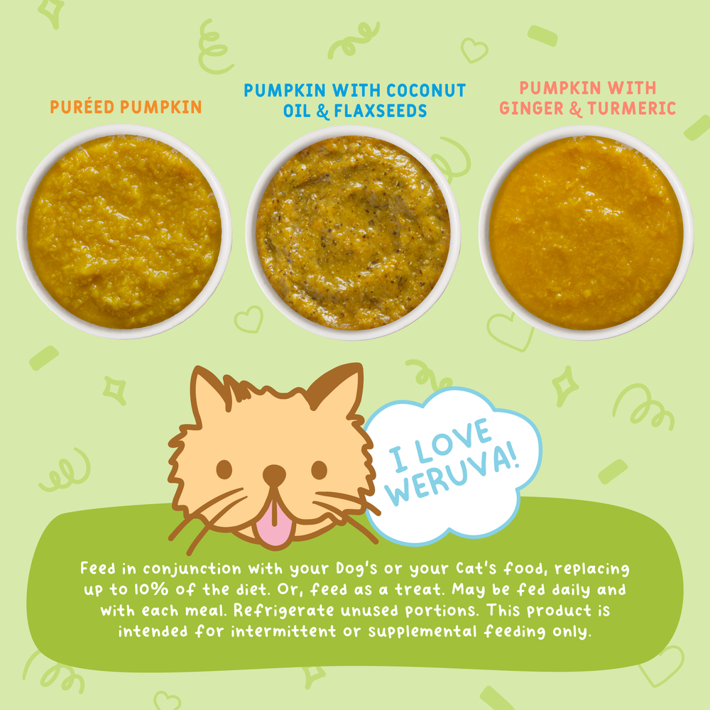 Weruva’s Cappy's Pumpkin Patch Up Variety Pack offers three pumpkin blends for pets—pureed pumpkin, with coconut oil & flaxseeds, and with ginger & turmeric—supporting healthy digestion. Cartoon cat and feeding guide on green background.