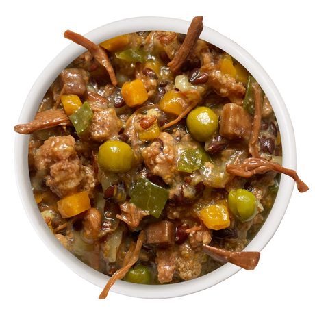 A white bowl filled with Awesome Functions' Awesome Everything Beef & Red Rice Recipe with Veggies, featuring Australian grass fed beef, peas, corn, green peppers, and brown noodles in a thick savory sauce for whole body wellness.