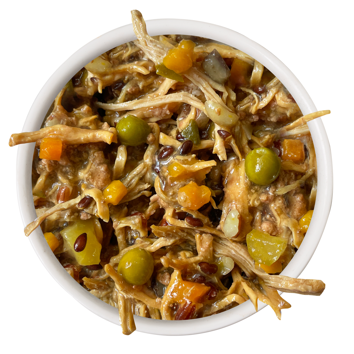 A white bowl filled with Awesome Functions Awesome Everything Chicken Breast & Red Rice Recipe with Veggies dog food—shredded chicken, peas, carrots, and more in a hearty broth—for whole body wellness nutrition.