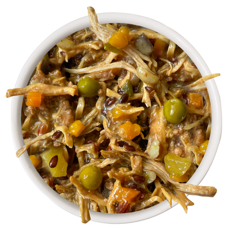 A white bowl filled with Awesome Functions Awesome Everything Chicken Breast & Red Rice Recipe with Veggies dog food—shredded chicken, peas, carrots, and more in a hearty broth—for whole body wellness nutrition.