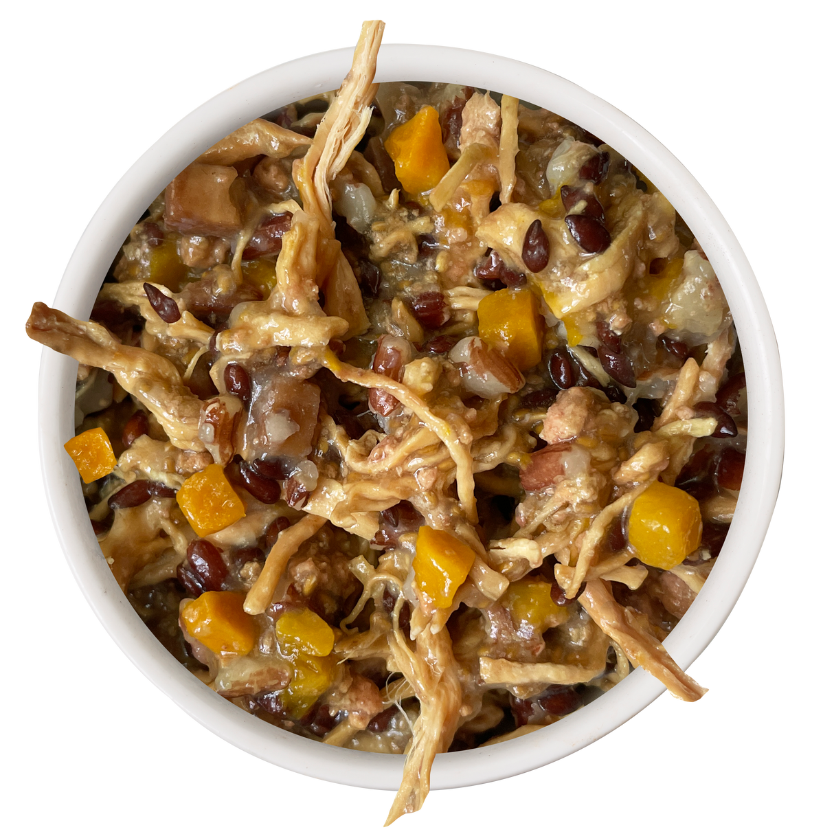 A white bowl of Awesome Functions Awesome Everything Chicken Breast & Red Rice Recipe with Pumpkin—featuring shredded chicken, red beans, bell peppers, onions, and creamy sauce—is perfect for boosting your pup’s nutrition.