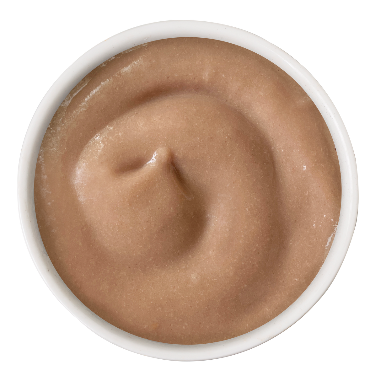 A white bowl of light brown bisque, viewed from above, shows a creamy swirled texture—just like the smooth consistency found in Cats in the Kitchen Chicken & Salmon Bisque with Senior Support for cats.