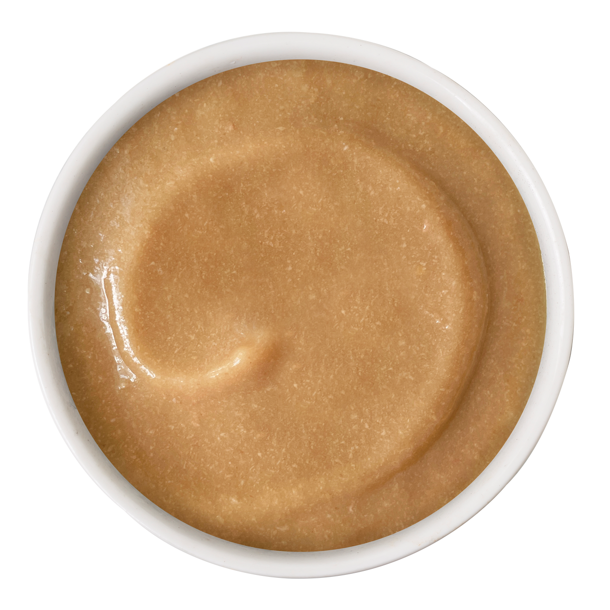 A white bowl filled with smooth Chicken & Tuna Bisque from Cats in the Kitchen, resembling a lickable treat, viewed from above on a white background.