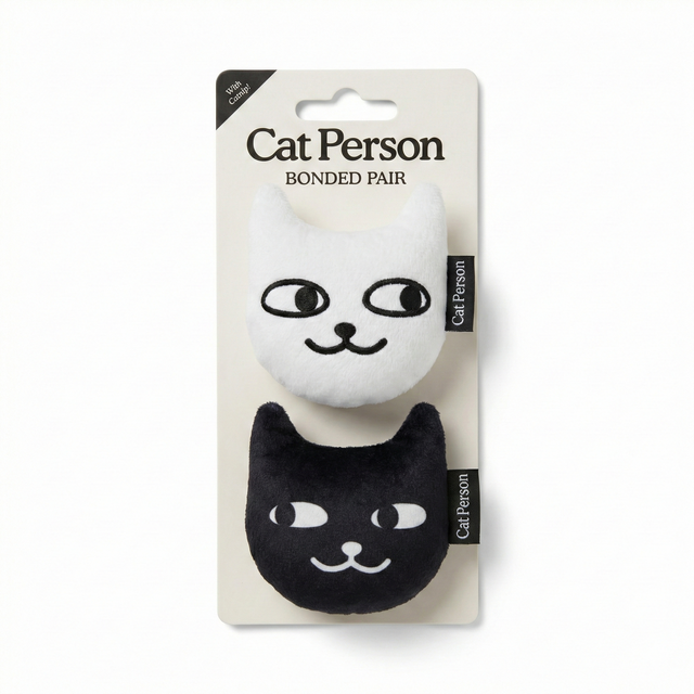 The Weruva Cat Person Bonded Pair Catnip Toy includes two plush cat toys, one white and one black, with embroidered faces and “Cat Person” tags—perfect for interactive play with your feline friend.
