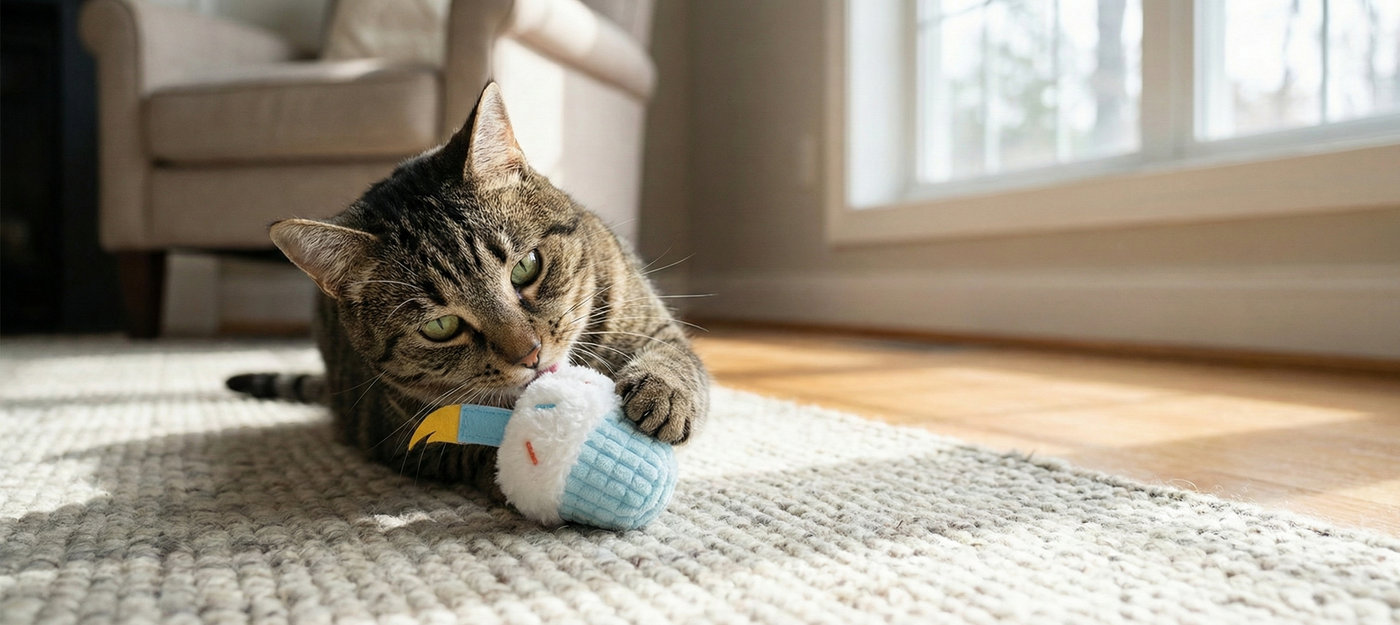 A tabby cat lies on a light-colored rug, playing with a blue and white plush toy in a sunlit living room near a window and an armchair.