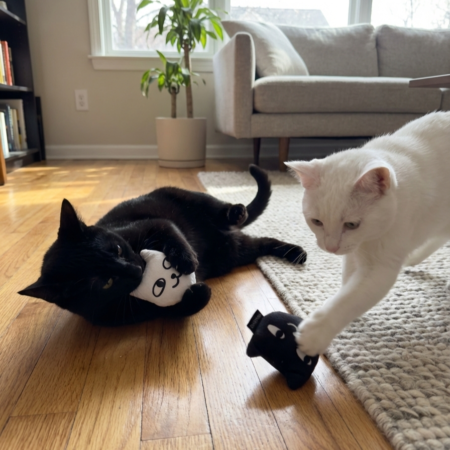 A black cat on a wooden floor holds the Weruva Cat Person Bonded Pair Catnip Toy, while a white cat on a rug reaches for it. A couch and potted plant are in the background.