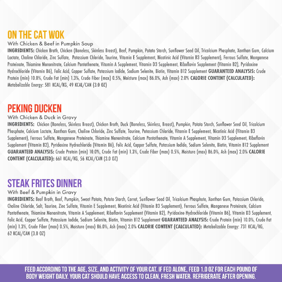 TruLuxe TruSurf & Turf is a premium cat food featuring wild-caught seafood, with guaranteed analysis, calorie content, and feeding guidelines detailed for a land and sea recipe variety pack.