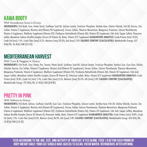 A white label for TruLuxe TruSurf & Turf cat food features nutrition and ingredient details, with a colorful header and in-depth analysis.