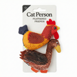 Weruva Cat Person Feathered Friends Toy features two colorful cat toys shaped like a chicken and a duck, attached to white cardboard packaging labeled with the product name. The fabric toys include detailed designs to resemble each bird.
