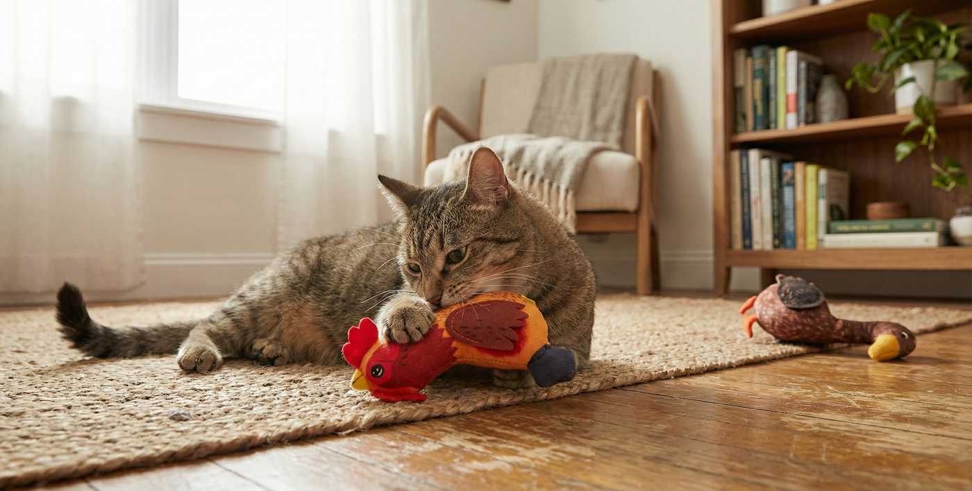 A tabby cat lies on a woven rug in a cozy living room, playing with a red and orange stuffed rooster toy. Another plush bird toy sits nearby. A chair, blanket, and bookshelf are in the background.