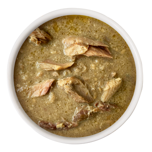 Cat Person Salmon & Mackerel Shreds in Broth is a white bowl of greenish-brown soup with chunky meat on top, offering balanced nutrition for your pet.