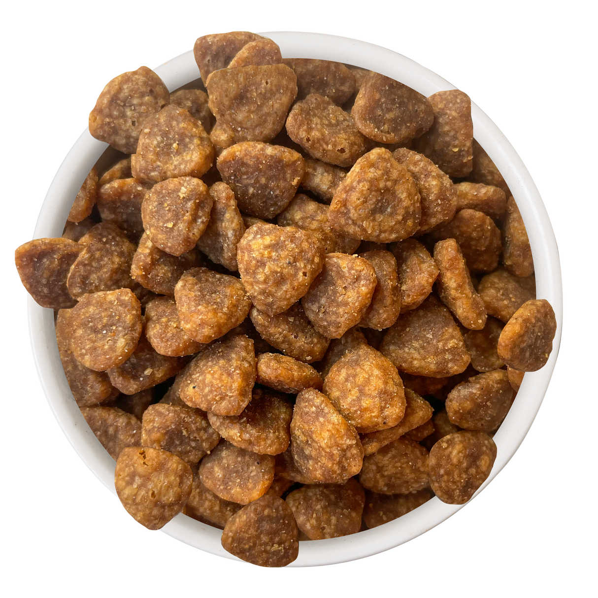 A white bowl filled with Cat Person Chicken Savory Crunchies—brown, triangular, crunchy cat treats—is seen from above on a white background.