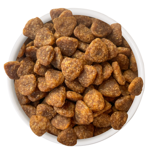 A white bowl filled with Cat Person Chicken Savory Crunchies—brown, triangular, crunchy cat treats—is seen from above on a white background.