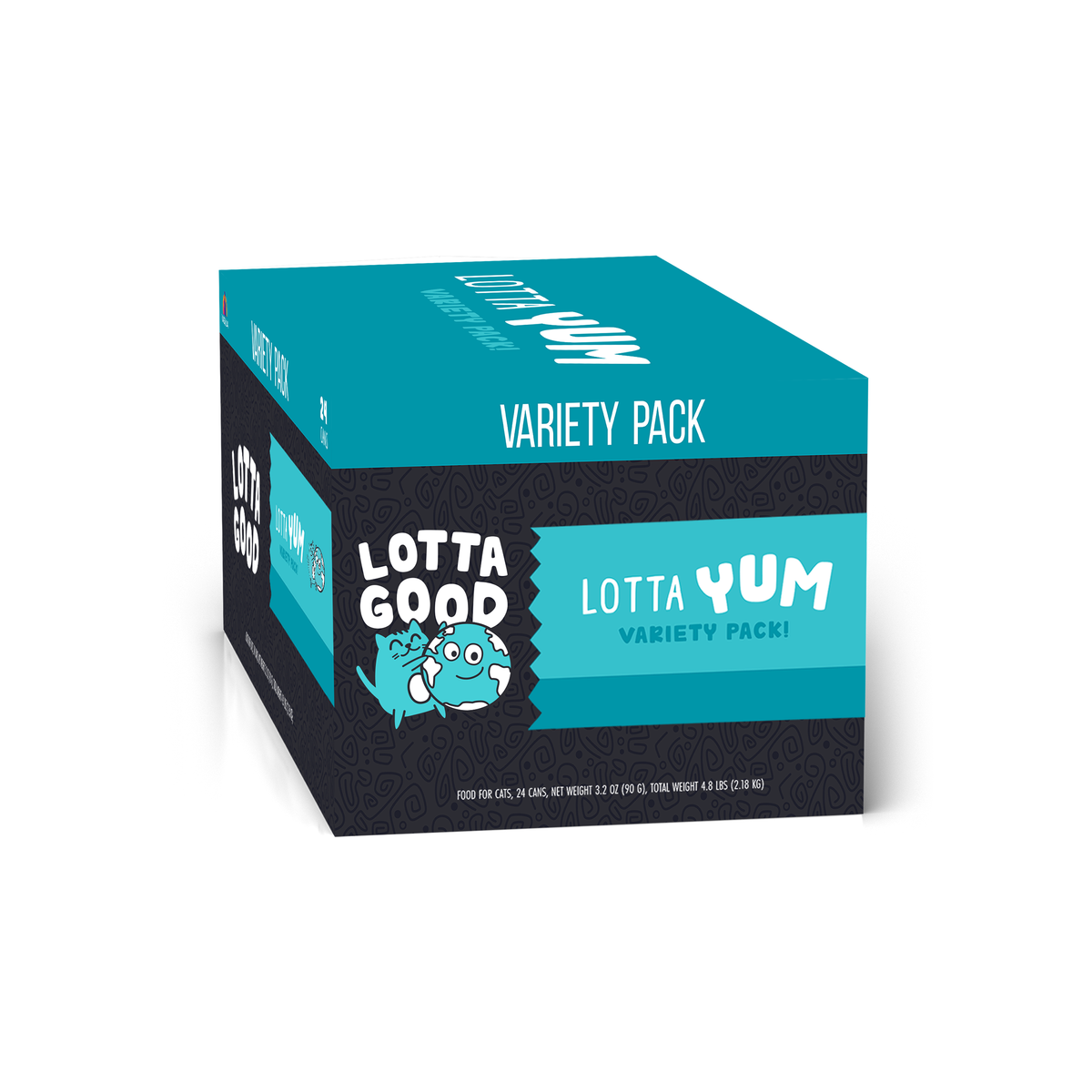 A teal and black Weruva Lotta Good Lotta Yum variety pack box containing 24 cans of cat food, featuring premium proteins and decorated with a cartoon cat and a globe character.