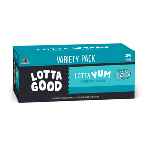 A teal and black Weruva Lotta Good Lotta Yum variety pack box containing 24 cans of cat food, featuring the product name and a cartoon cat hugging the globe to represent wholesome goodness.