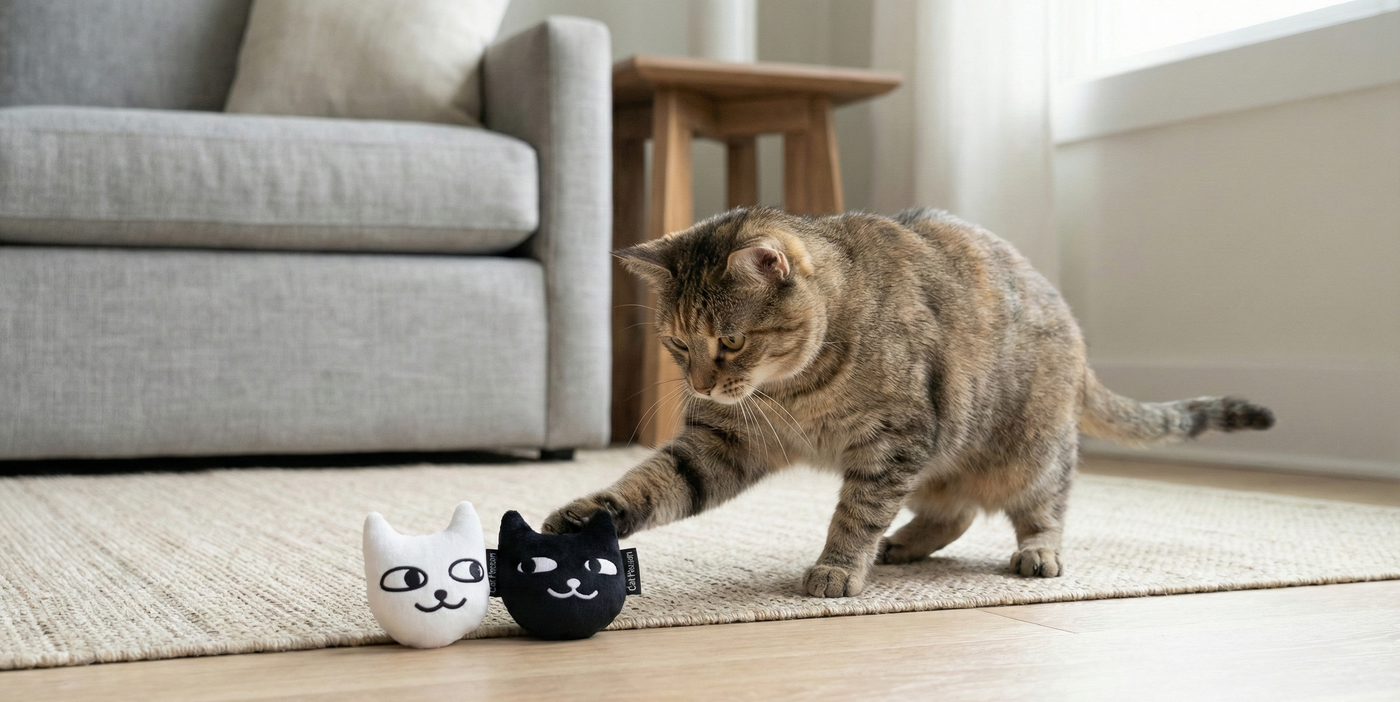 A tabby cat on a beige rug reaches out a paw to touch two cat-shaped plush toys, one white and one black, in a living room with a gray sofa and wooden side table in the background.