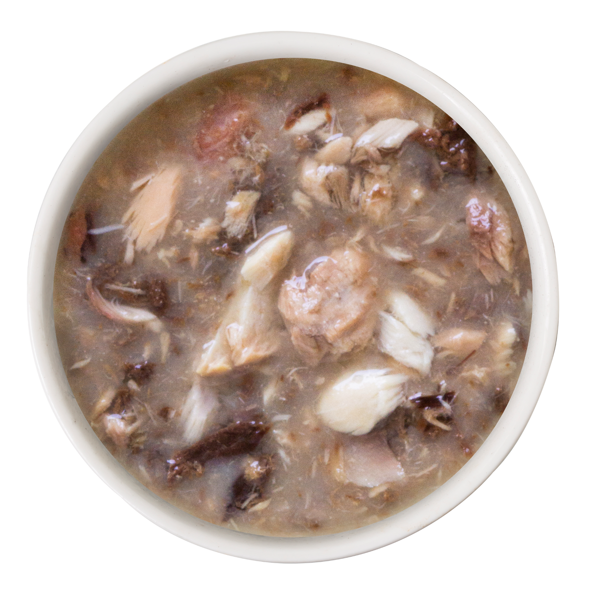 A white bowl filled with Weruva Salmon and Tuna Dinner in Gravy—chunky brownish soup with wild-caught salmon and meat—shown from above on a plain white background, a gourmet meal for discerning cats.