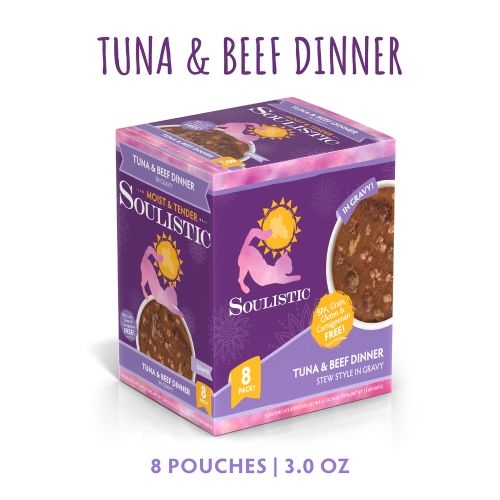 Soulistic Tuna & Beef Dinner in Gravy cat food comes in a purple box with a cat and sun design. Made with wild-caught tuna and deboned beef, it offers high-quality protein. Includes 8 moist & tender 3 oz gravy pouches.