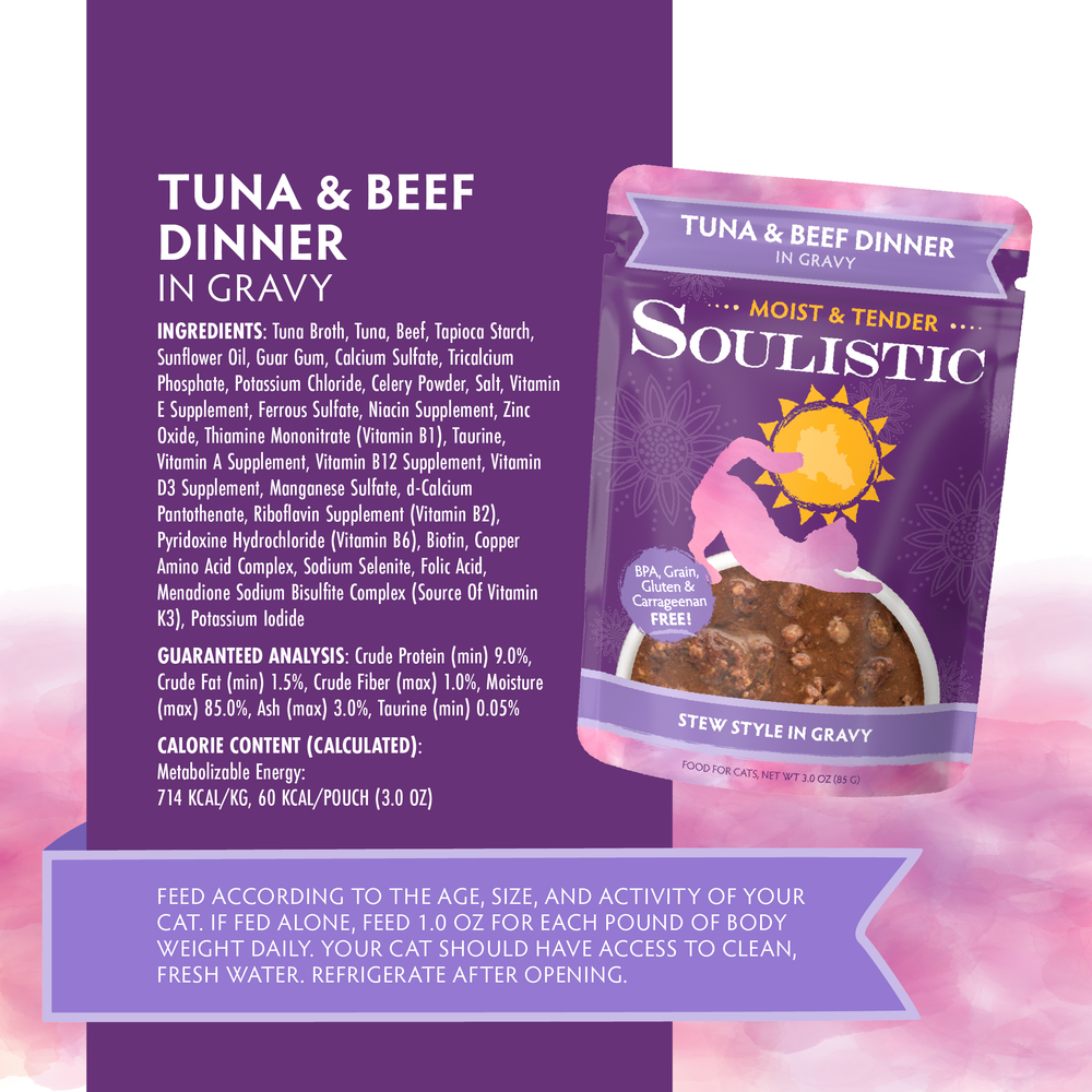 A pouch of Soulistic Tuna & Beef Dinner in Gravy cat food is shown, featuring ingredient details, guaranteed analysis, and feeding instructions listed on a purple and pink background.
