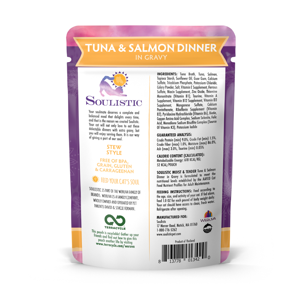 A package of Soulistic Tuna & Salmon Dinner in Gravy on a white background, providing high-quality protein for a healthy diet.