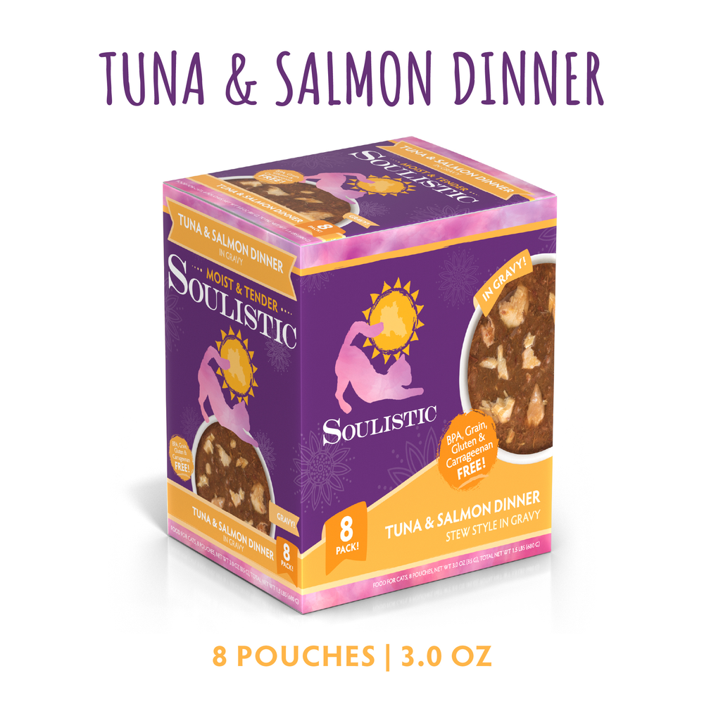 A box of Soulistic Tuna & Salmon Dinner in Gravy cat food with wild-caught salmon, purple and orange packaging, “8 pouches | 3.0 oz,” and grain, gluten & MSG free for natural hydration.