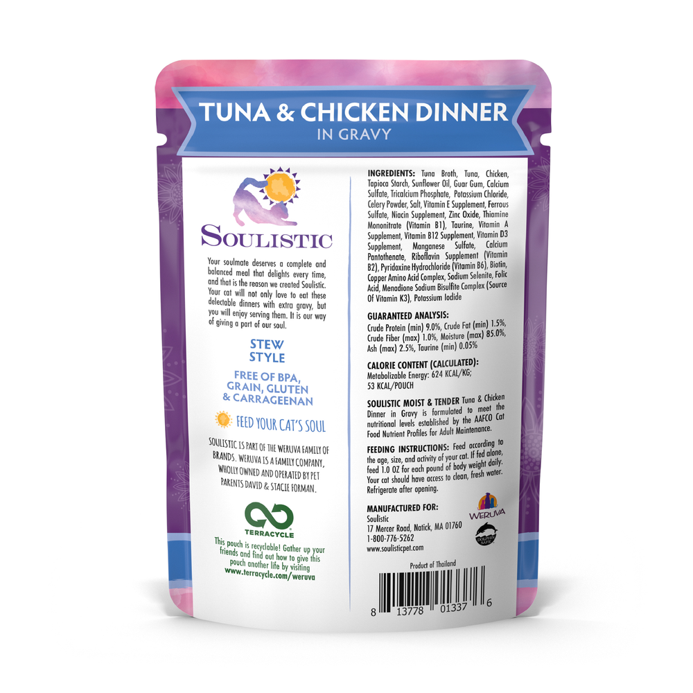 Soulistic Tuna & Chicken Dinner in Gravy offers your pet high-quality protein with every bite, combining wild-caught tuna and chicken in a delicious meal.
