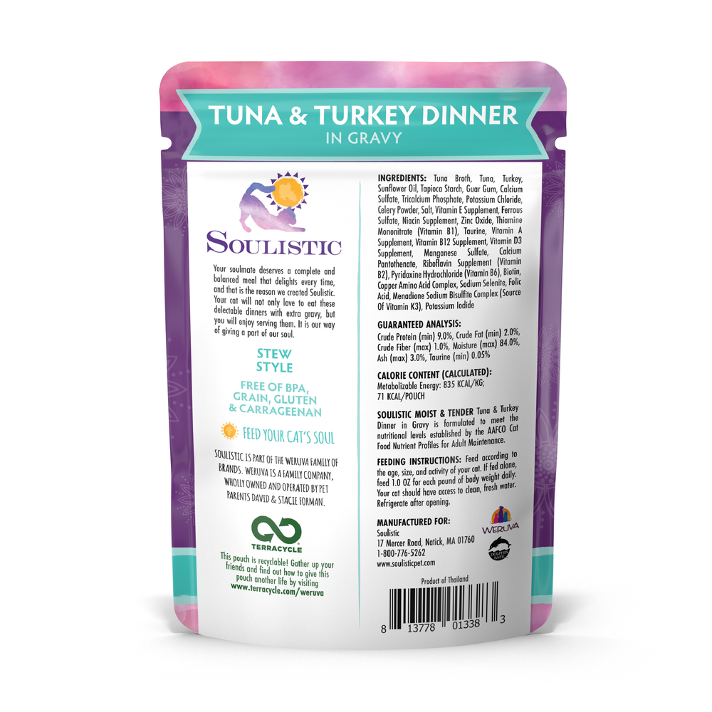 Back of a Soulistic Tuna & Turkey Dinner in Gravy pouch, with wild-caught tuna and minced deboned turkey for quality protein. Features details, feeding instructions, analysis, ingredients, and logos in teal, purple, and white.