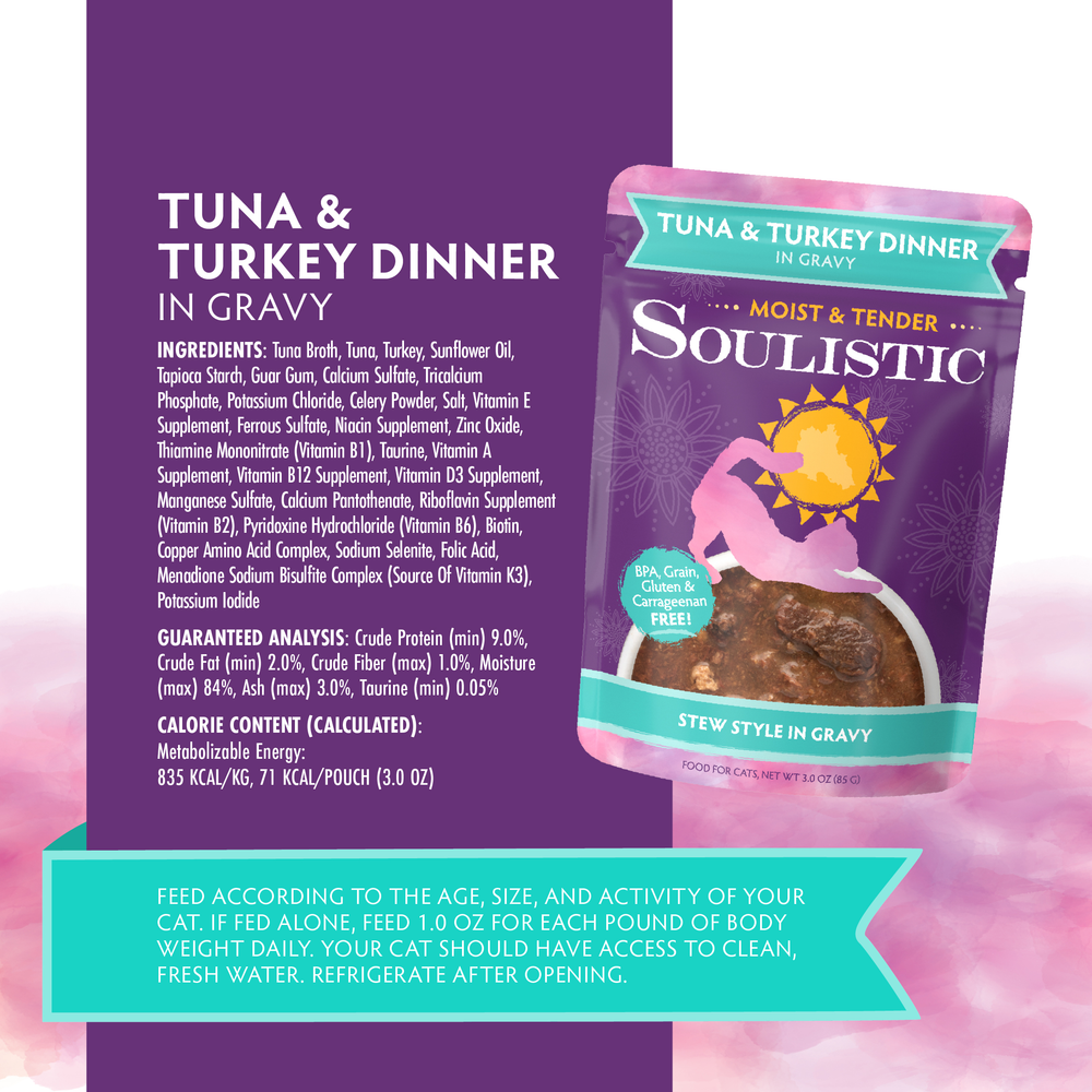 A package of Soulistic Tuna & Turkey Dinner in Gravy cat food is shown next to its ingredients, nutrition facts, and feeding guide on a colorful teal and pink background.