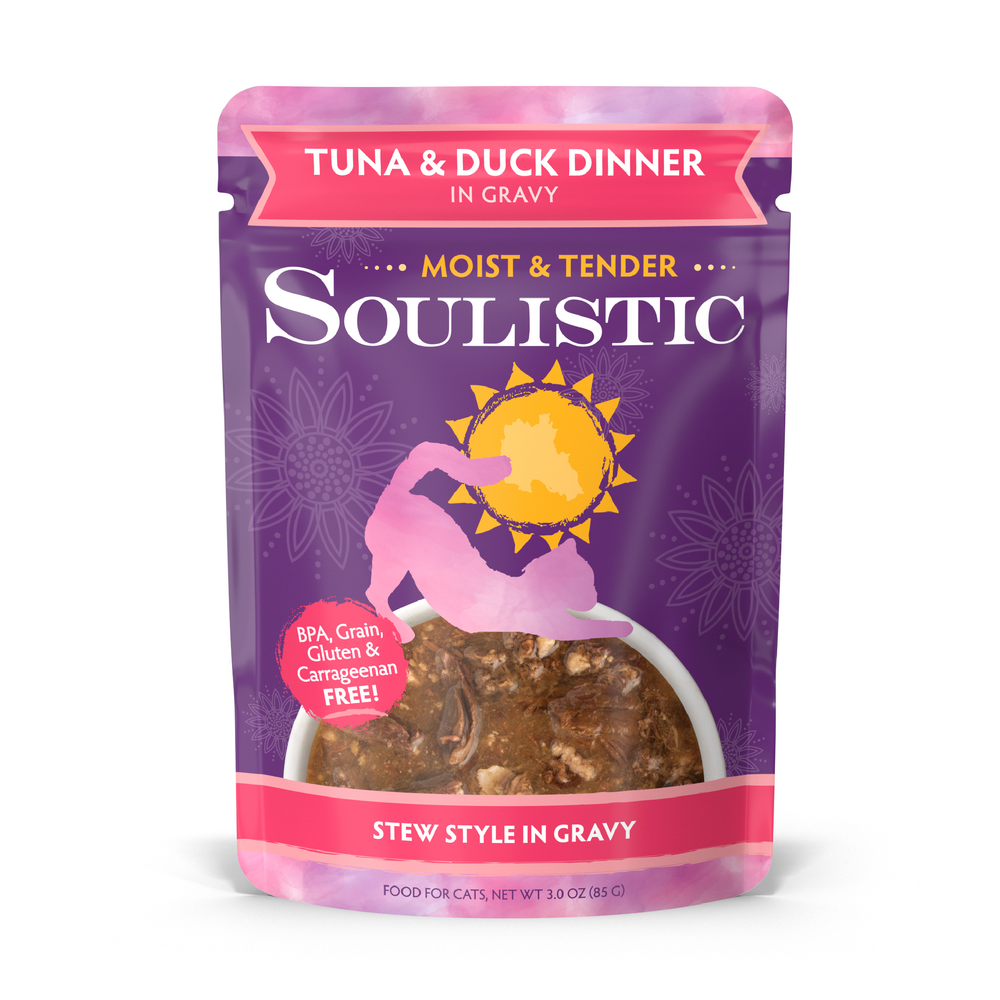 Soulistic Tuna & Duck Dinner in Gravy cat food offers minced duck and wild-caught tuna for quality protein, comes in a purple-pink pouch, has a stew-style texture, and is free from BPA, grain, gluten, and carrageenan.