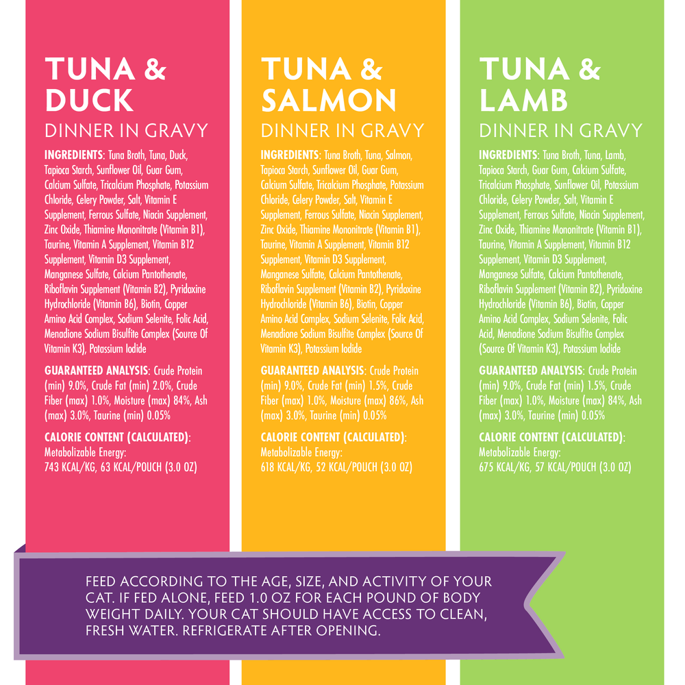 Three vibrant panels showcase Soulistic Mindful Melodies wild-caught tuna cat food: Tuna & Duck, Tuna & Salmon, and Tuna & Lamb. Each lists ingredients, analysis, calorie info, with feeding guidelines in a pink box at the bottom.