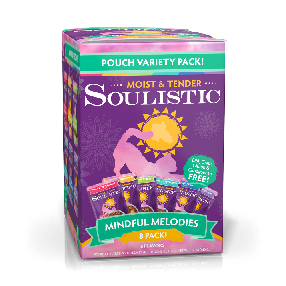 Soulistic Mindful Melodies is a colorful 8-pack cat food variety with 6 flavors. The purple box features a sun and cat, and notes it's BPA-free, grain-free, gluten-free, carrageenan-free, with wild-caught tuna.