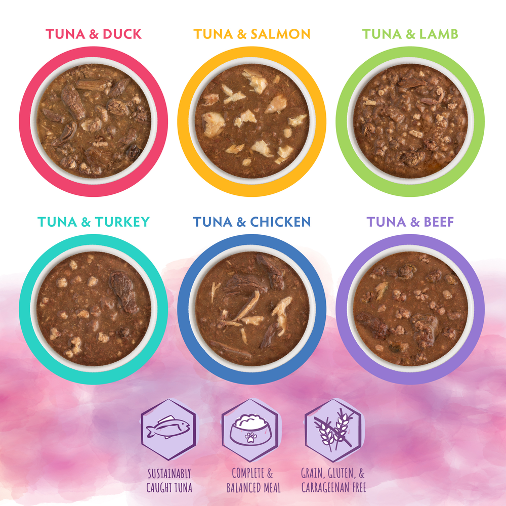 Six bowls of Soulistic Mindful Melodies cat food in Tuna & Duck, Salmon, Lamb, Turkey, Chicken, and Beef varieties are shown. Icons highlight wild-caught tuna’s sustainability and high-quality protein benefits.