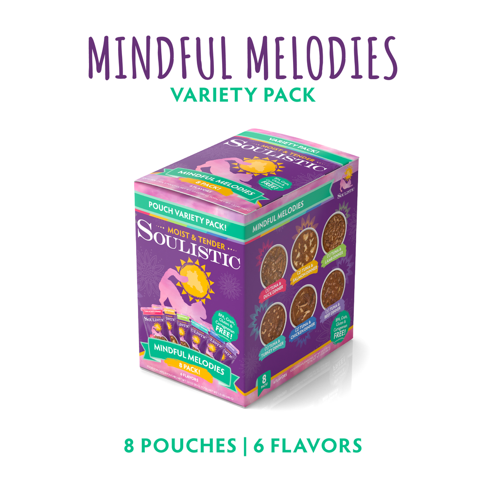 A purple Soulistic Mindful Melodies Variety Pack box shows images of six cat food flavors. It features 8 grain-free, moist pouches with high-quality protein for cats and highlights 6 flavors.