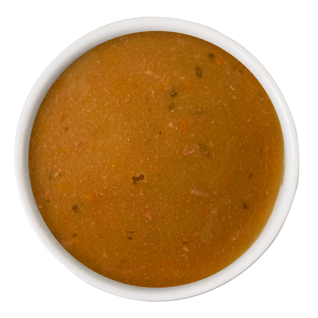A white bowl of Dogs in the Kitchen Beef & Pumpkin Gravy Meal Topper, featuring smooth brown gravy with small veggie and herb pieces, viewed from above on a white background.