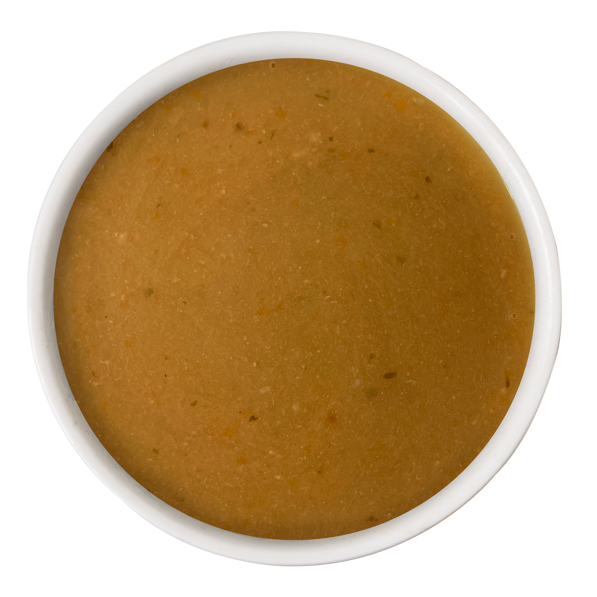 A white bowl filled with smooth, light brown Beef & Sweet Potato Gravy Meal Topper by Dogs in the Kitchen, viewed from above on a plain white background—the ideal finishing touch for your pup’s meal.