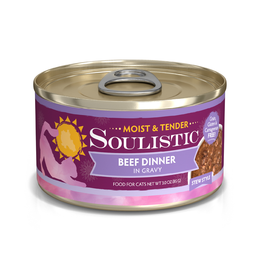 A 3oz (85g) can of Soulistic Beef Dinner in Gravy cat food, stew style with deboned beef, featuring a purple label with sun logo, cat silhouette, and food images.