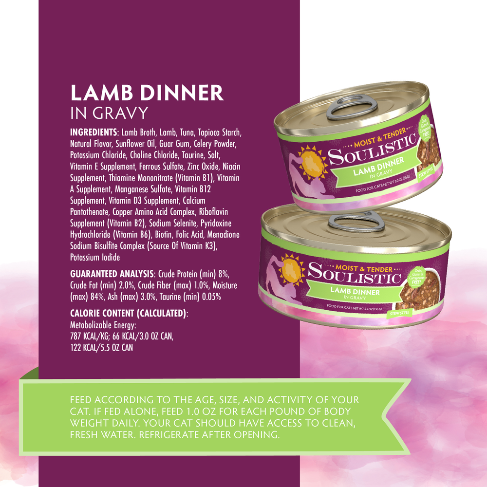 Soulistic Lamb Dinner in Gravy is a can of cat food made with high-quality protein to support your cat’s health.