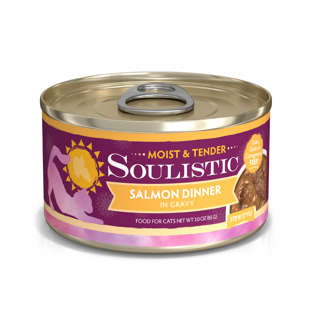 A can of Soulistic Salmon Dinner in Gravy cat food, stew style, made with wild-caught salmon for quality protein. Features a purple and orange label with a cat silhouette and a "grain, gluten & carrageenan free!" badge.