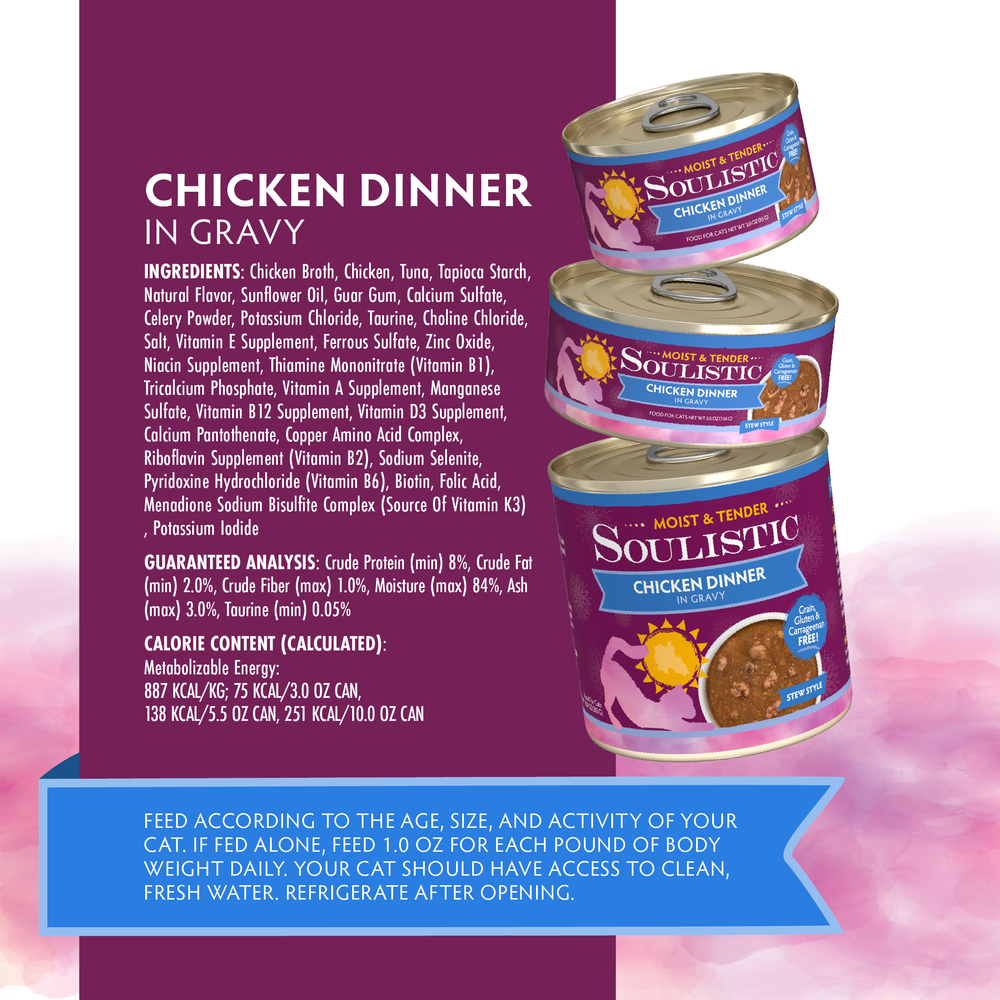 Three cans of Soulistic Chicken Dinner in Gravy cat food are shown on a purple background, highlighting minced chicken for protein. The packaging includes ingredients, guaranteed analysis, calories, and feeding guidelines.