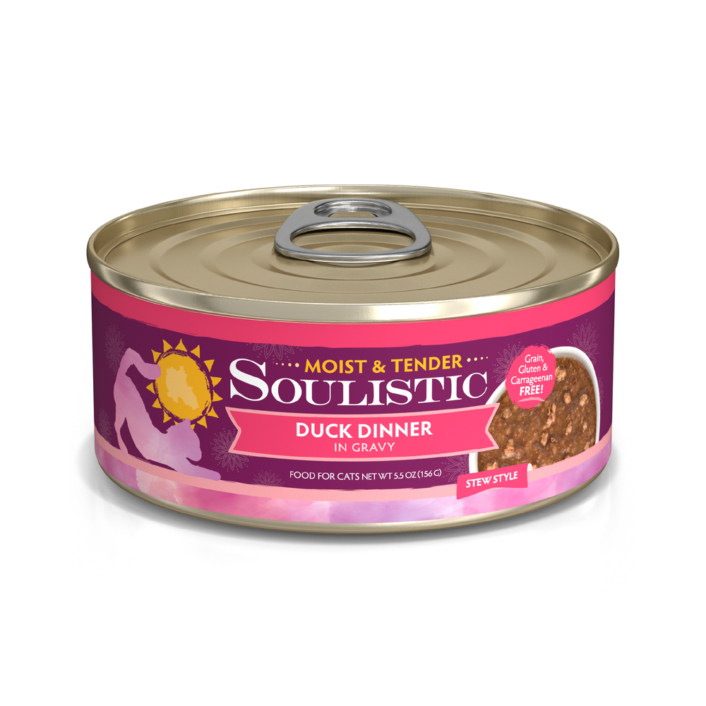 A can of Soulistic Duck Dinner in Gravy cat food, stew style, features a pink label with a cat silhouette and sun. Made with deboned duck, the recipe is grain-free, gluten-free, and carrageenan-free.