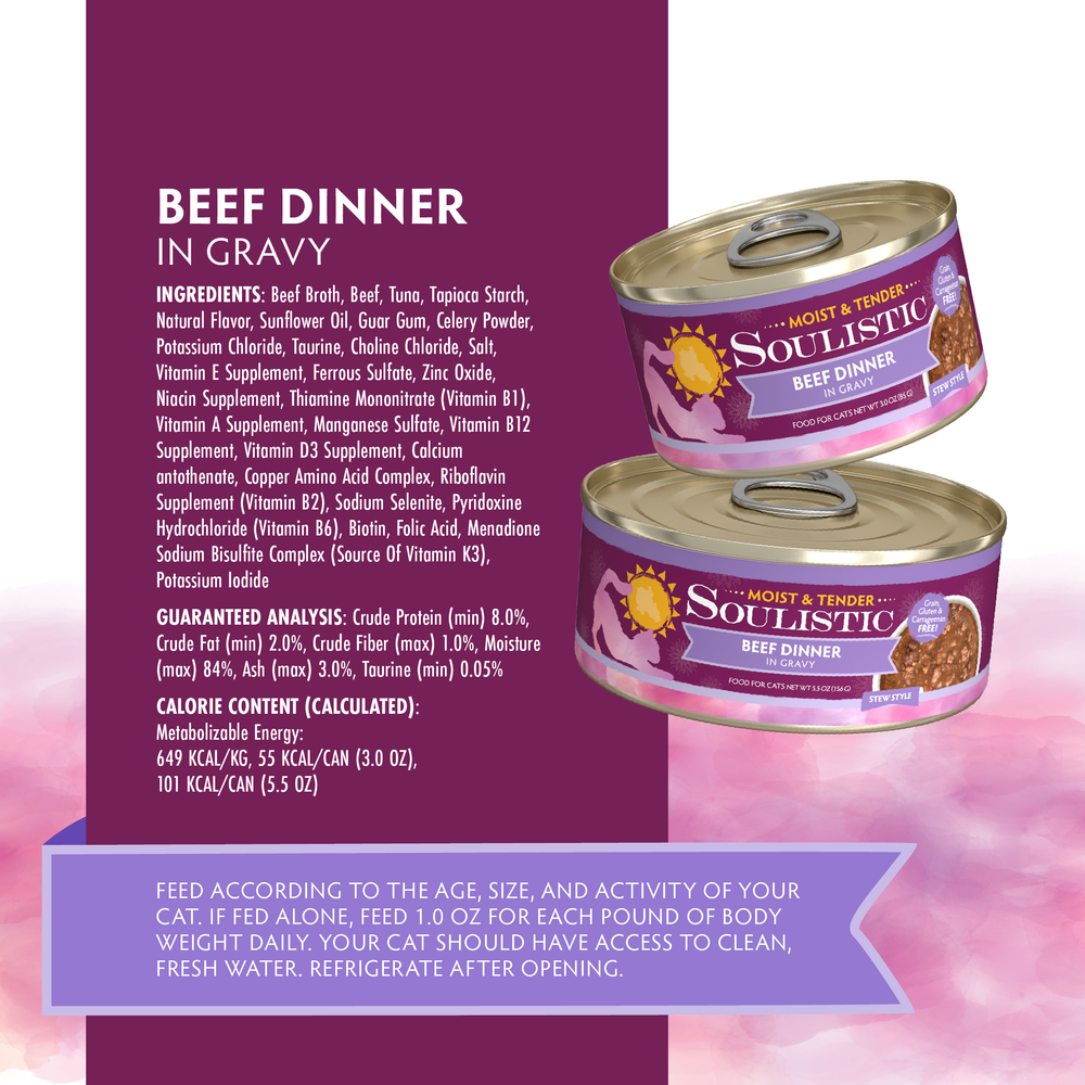 Two Soulistic Beef Dinner in Gravy cat food cans are shown, highlighting deboned beef for quality protein. Ingredients and nutrition info appear nearby on a purple background, with feeding guidelines and calorie content below.
