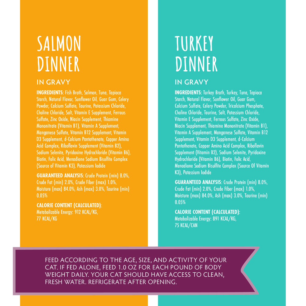 Split panel with orange and teal backgrounds displays Soulistic Mystic Menu Salmon Dinner in Gravy and Turkey Dinner in Gravy cat foods, highlighting high-quality minced meats, nutrition info, calorie content, and feeding instructions in white and yellow text.