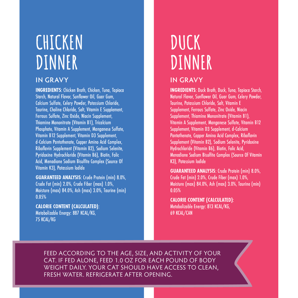 A comparison chart displays ingredients and nutrition for Soulistic Mystic Menu Chicken and Duck Dinners in Gravy, both made with high-quality minced deboned meats. Below, feeding instructions appear in blue; blue and pink highlight each flavor.