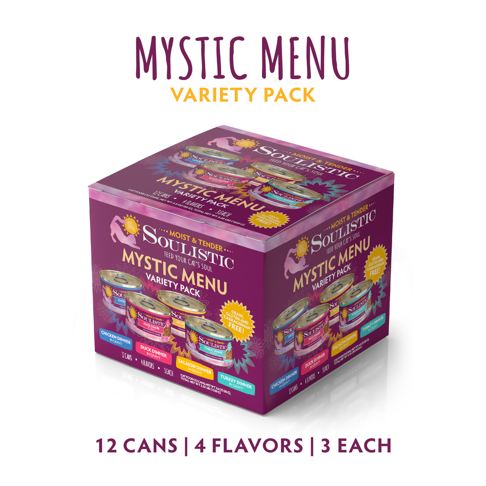The Soulistic Mystic Menu Variety Pack includes 12 cans of wet cat food in 4 flavors (3 cans each), made with high-quality proteins like wild-caught tuna. Packaging shows: 12 Cans | 4 Flavors | 3 Each.
