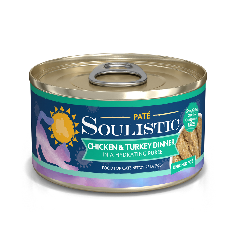 Soulistic Chicken & Turkey Dinner in a Hydrating Purée cat food features boneless chicken for optimal nutrition, a gold lid, colorful label with cat silhouette, and highlights its grain, gluten, and starch-free recipe.